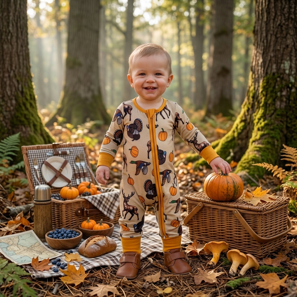 Baby Boys Pumpkins Turkey Ducks Deer Thanksgivings Two Way Zip Convertible Rompers