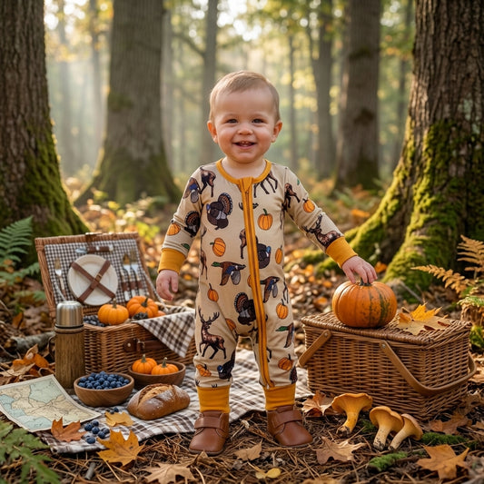 Baby Boys Pumpkins Turkey Ducks Deer Thanksgivings Two Way Zip Convertible Rompers