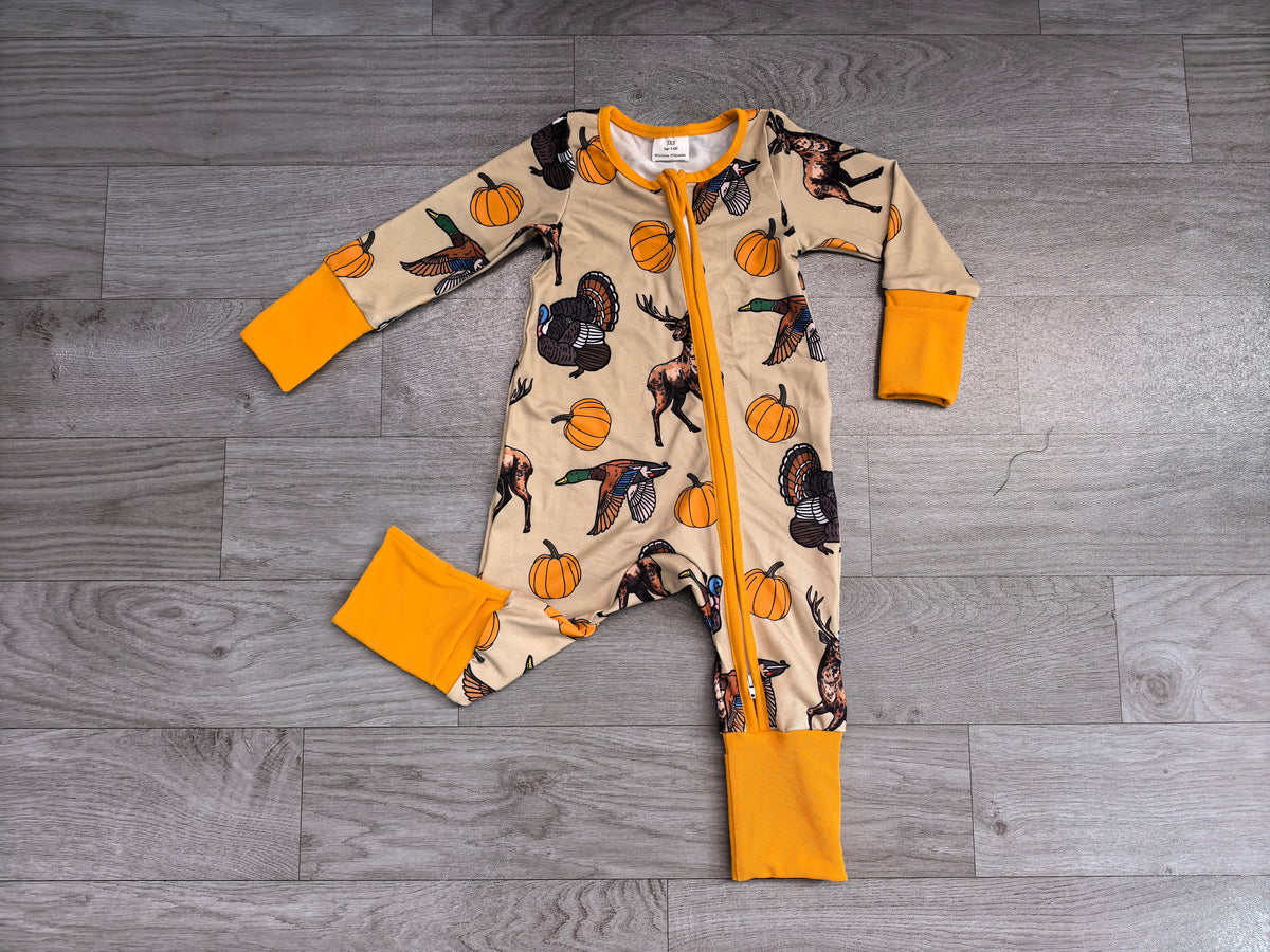 Baby Boys Pumpkins Turkey Ducks Deer Thanksgivings Two Way Zip Convertible Rompers Preorder