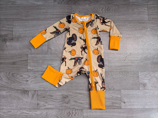 Baby Boys Pumpkins Turkey Ducks Deer Thanksgivings Two Way Zip Convertible Rompers Preorder