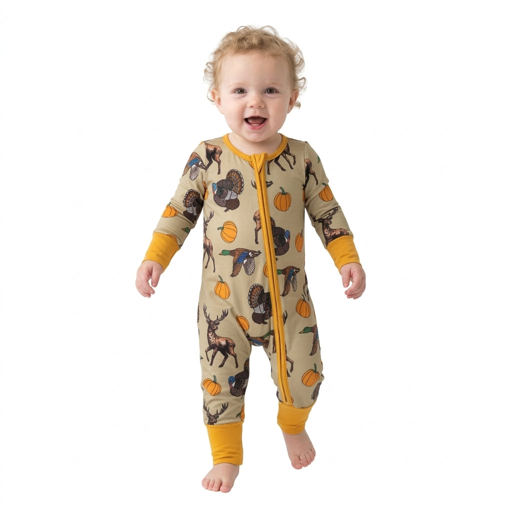 Baby Boys Pumpkins Turkey Ducks Deer Thanksgivings Two Way Zip Convertible Rompers