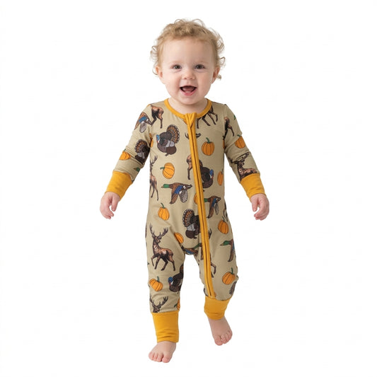 Baby Boys Pumpkins Turkey Ducks Deer Thanksgivings Two Way Zip Convertible Rompers