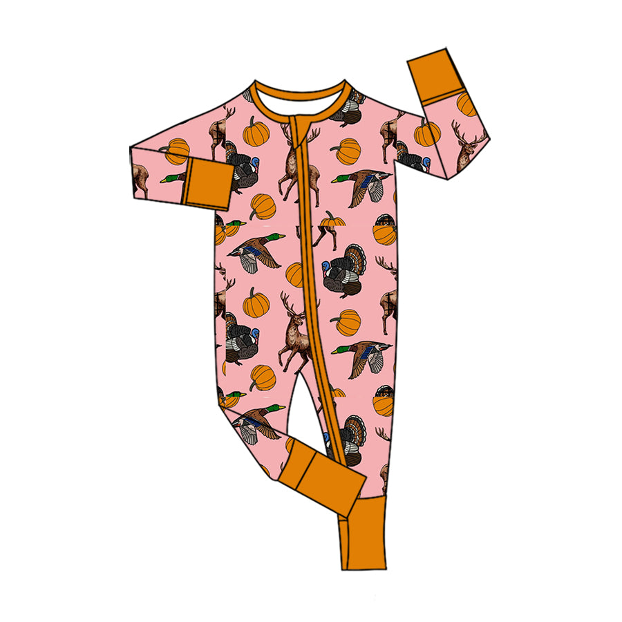 Preorder moq 5 Baby Girls Pumpkins Turkey Ducks Deer Thanksgivings Two Way Zip Convertible Rompers