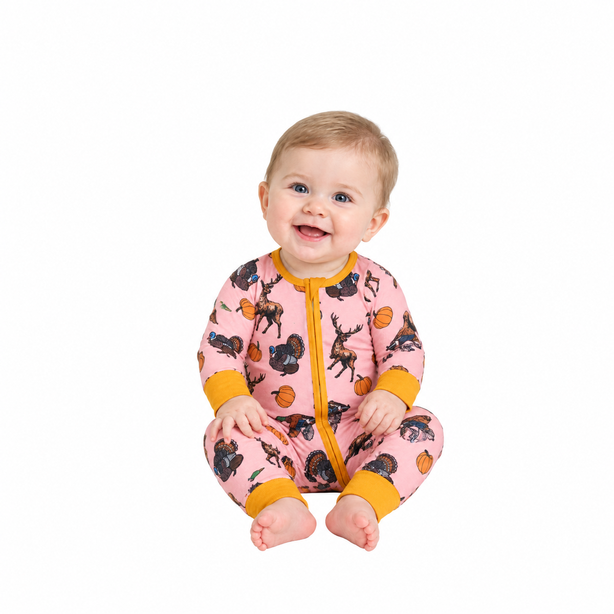 Baby Girls Pumpkins Turkey Ducks Deer Thanksgivings Two Way Zip Convertible Rompers