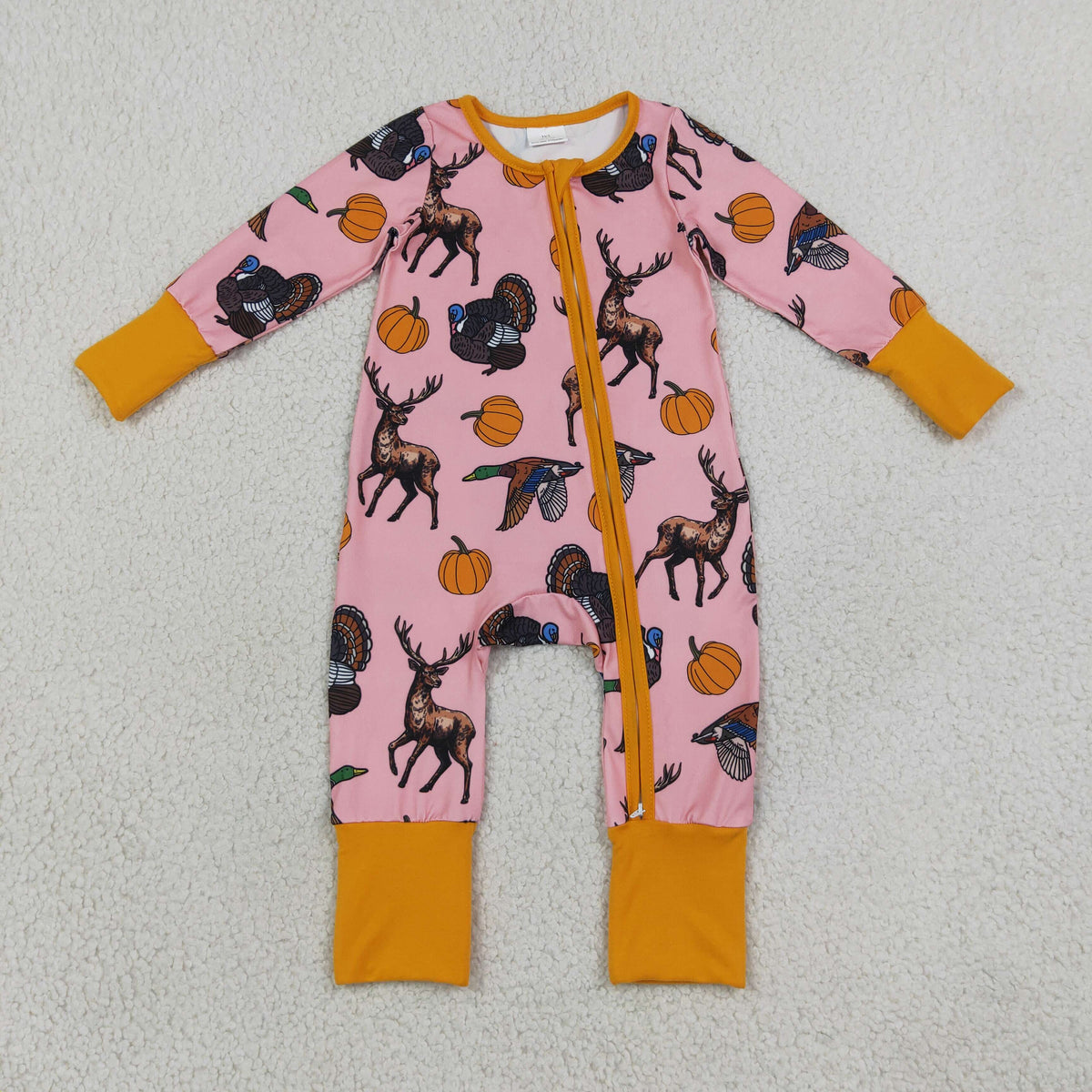 Baby Girls Pumpkins Turkey Ducks Deer Thanksgivings Two Way Zip Convertible Rompers