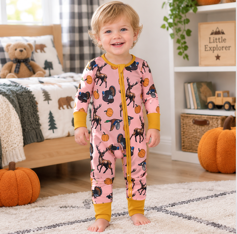 Baby Girls Pumpkins Turkey Ducks Deer Thanksgivings Two Way Zip Convertible Rompers