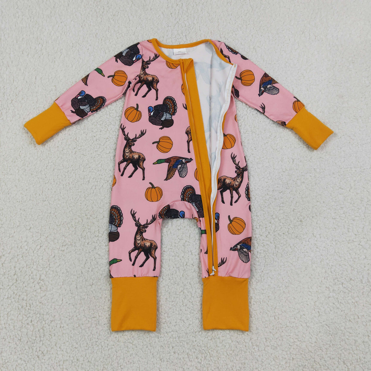 Baby Girls Pumpkins Turkey Ducks Deer Thanksgivings Two Way Zip Convertible Rompers