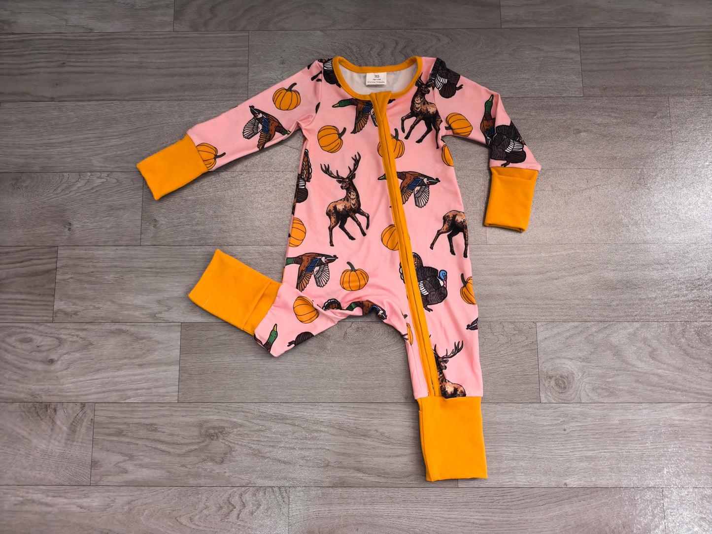 Baby Girls Pumpkins Turkey Ducks Deer Thanksgivings Two Way Zip Convertible Rompers Preorder