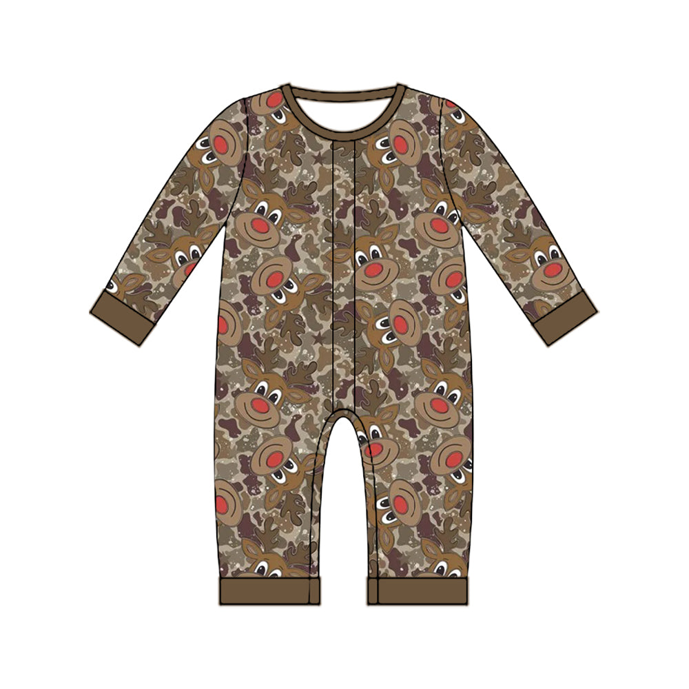 Preorder moq 5 Baby Boys Brown Camo Deer Button Christmas Pant Rompers
