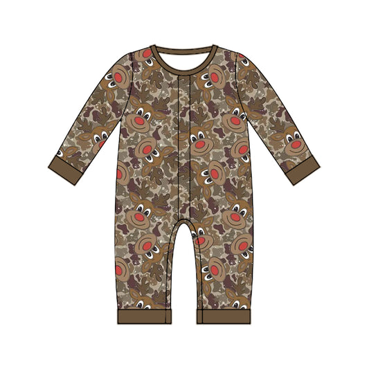 Preorder moq 5 Baby Boys Brown Camo Deer Button Christmas Pant Rompers