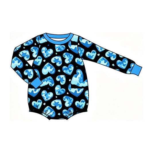Preorder moq 5 Baby Boys Long Sleeve Blue Camo Hearts Valentines Rompers