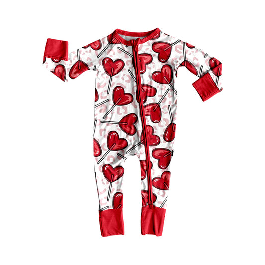 Preorder moq 5 Baby Girls Leopard Hearts Valentines Two Way Zip Convertible Rompers