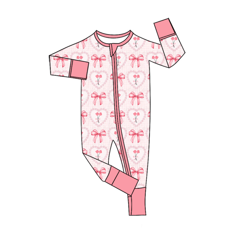 Preorder moq 5 Baby Girls Pink Bows Flowers Two Way Zip Convertible Rompers