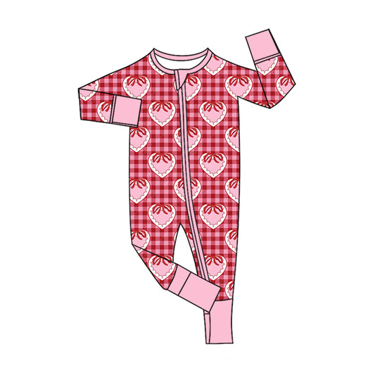 Preorder moq 5 Baby Girls Bow Hearts Checked Valentines Two Way Zip Convertible Rompers