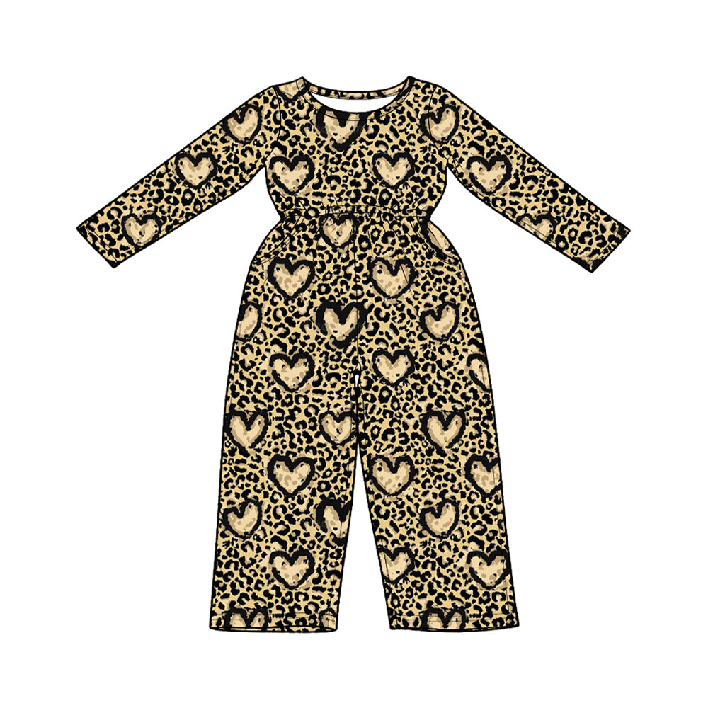 Preorder moq 5 Baby Girls Long Sleeve Leopard Hearts Valentine Pockets Pant Jumpsuits