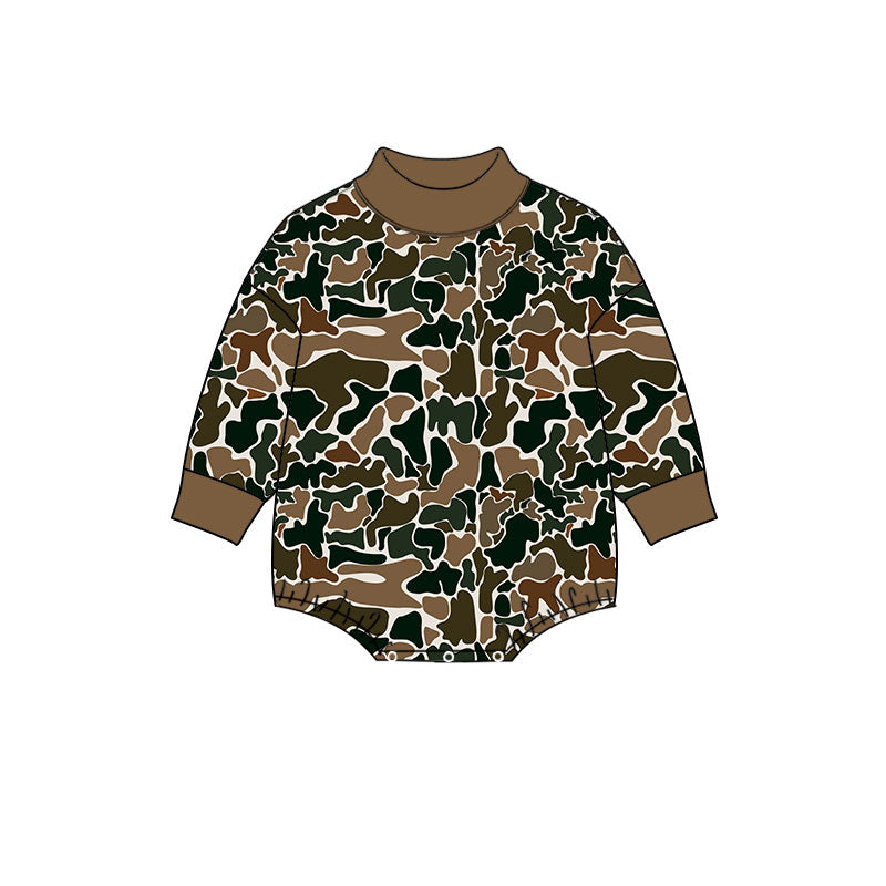 Preorder moq 5 Baby Boys Long Sleeve Dark Brown Camo Rompers