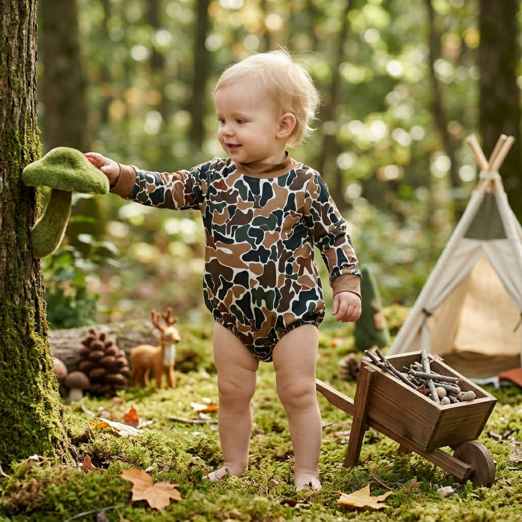 Baby Boys Long Sleeve Dark Brown Camo Choker Rompers