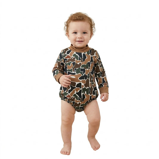 Baby Boys Long Sleeve Dark Brown Camo Choker Rompers