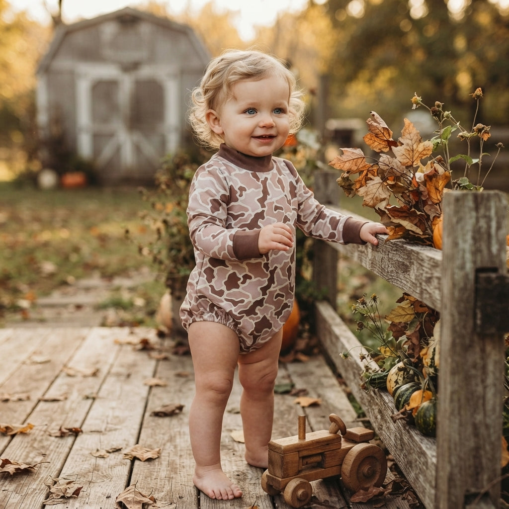 Baby Boys Long Sleeve Khaki Brown Camo Choker Rompers