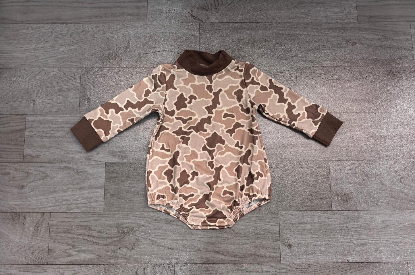 Preorder Baby Boys Long Sleeve Khaki Camo Rompers