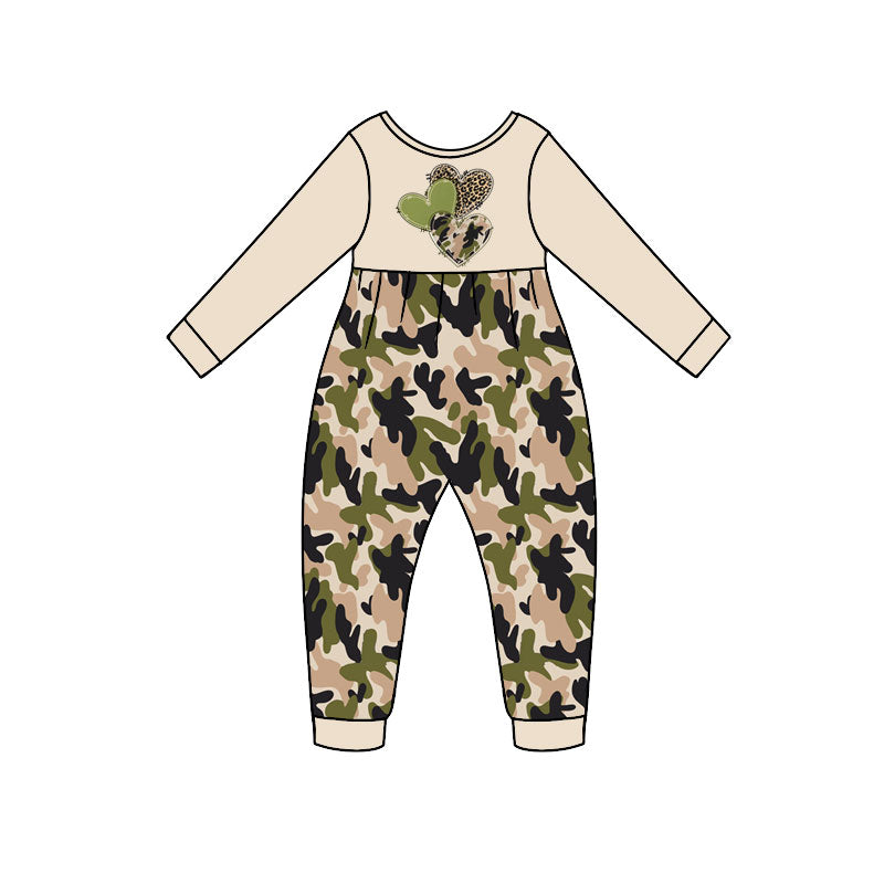 Preorder moq 5 Baby Girls Green Camo Hearts Valentines Pant Rompers
