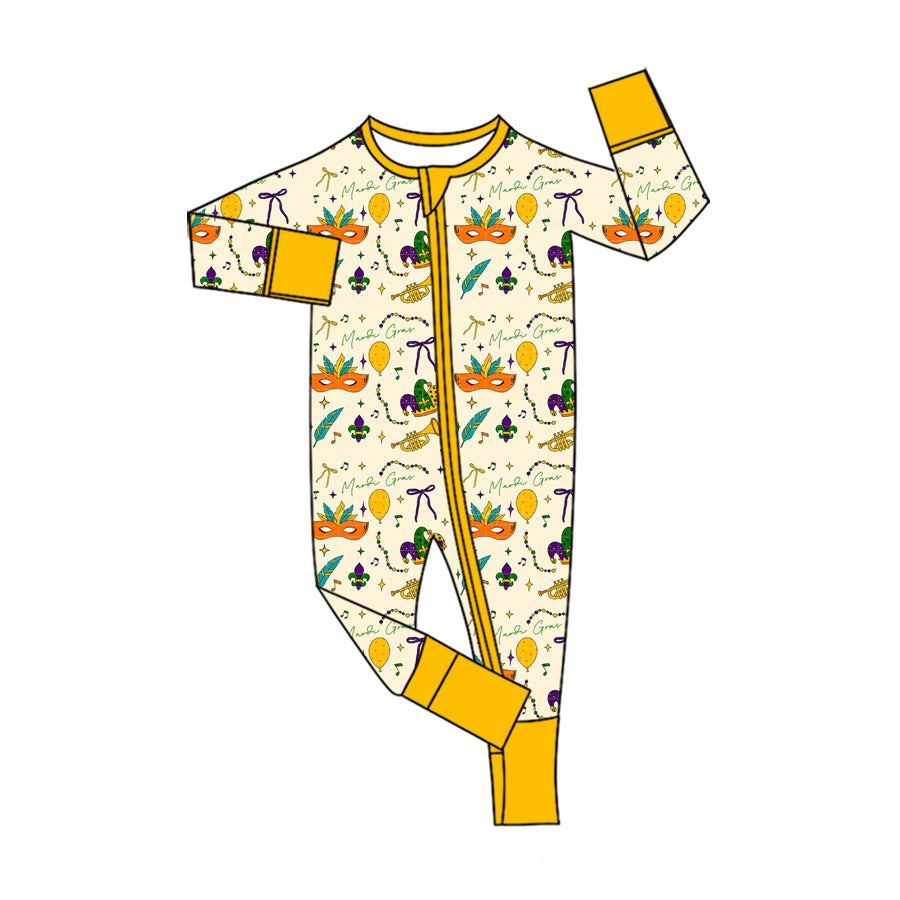 Preorder moq 5 Baby Girls Bows Masks Mardigras Two Way Zip Convertible Rompers