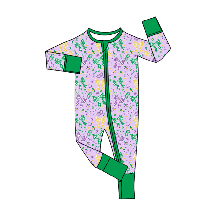 Preorder moq 5 Baby Girls Bows Masks Mardigras Two Way Zip Convertible Rompers