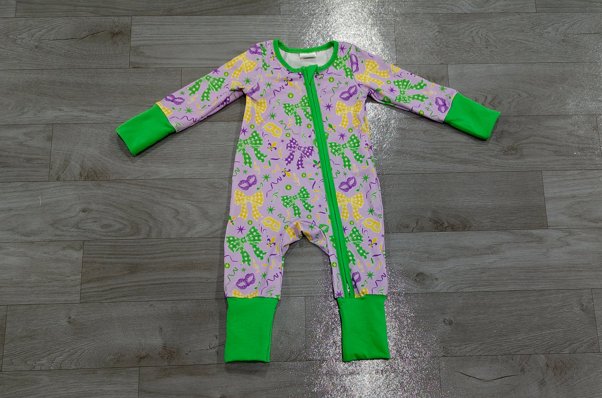 Baby Girls Bows Masks Mardigras Two Way Zip Convertible Rompers Preorder