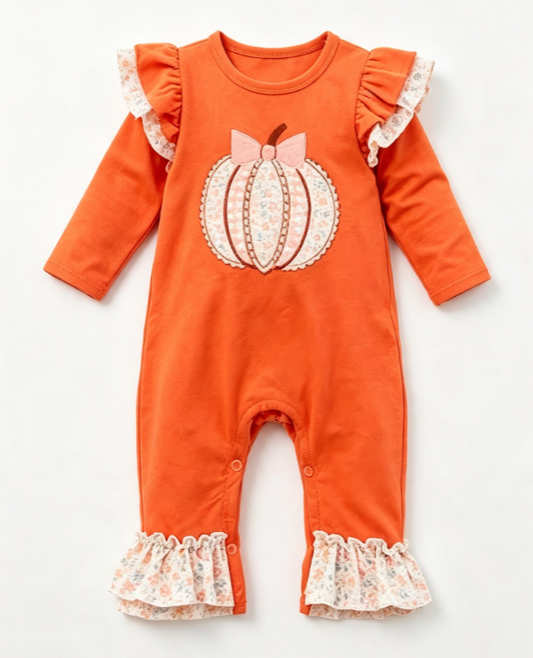 Preorder moq 5 Baby Girls Flowers Bow Pumpkins Fall Ruffle Pant Rompers