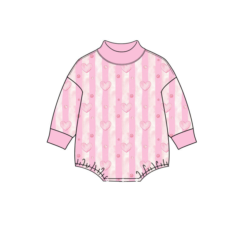 Preorder moq 5 Baby Girls Long Sleeve Pink Stripe Hearts Valentines Ruffle Romper