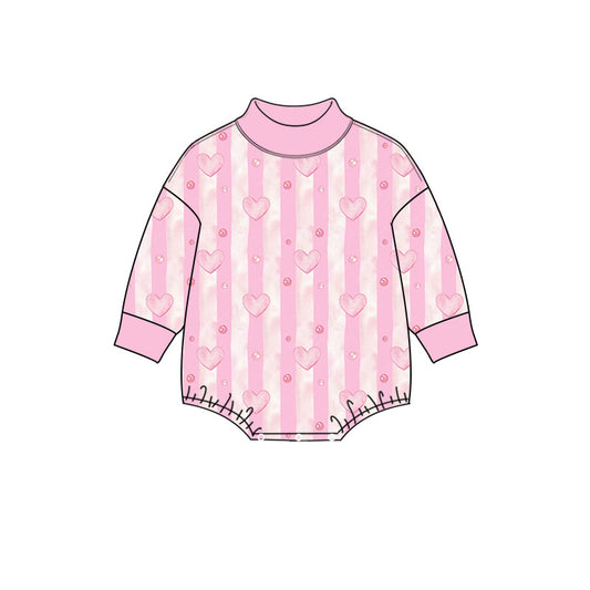 Preorder moq 5 Baby Girls Long Sleeve Pink Stripe Hearts Valentines Ruffle Romper