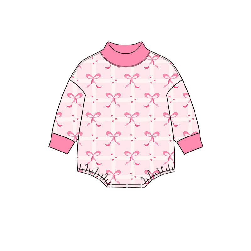 Preorder moq 5 Baby Girls Long Sleeve Pink Checked Bows Hearts Valentines Ruffle Romper