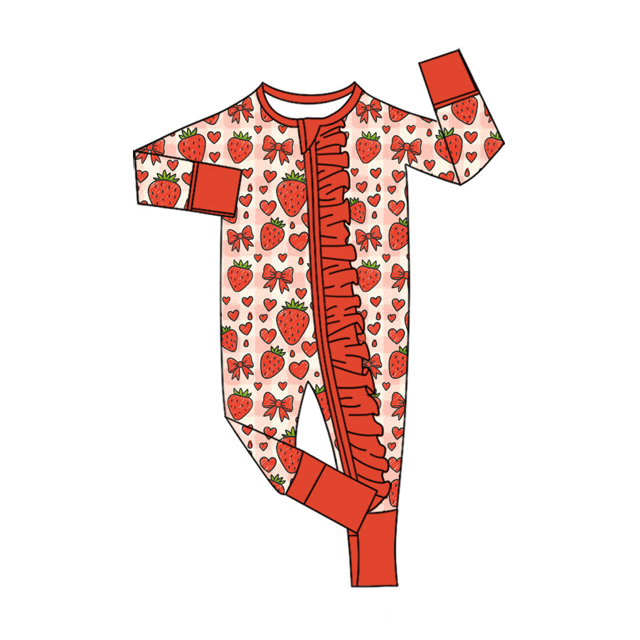 Preorder moq 5 Baby Girls Heart Strawberry Valentines Two Way Ruffle Zip Convertible Romper