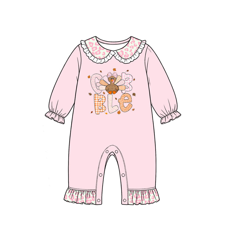 Preorder moq 5 Baby Girls Pink Leopard Turkey Thanksgivings Collar Pant Rompers