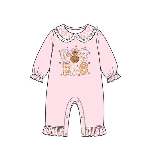 Preorder moq 5 Baby Girls Pink Leopard Turkey Thanksgivings Collar Pant Rompers