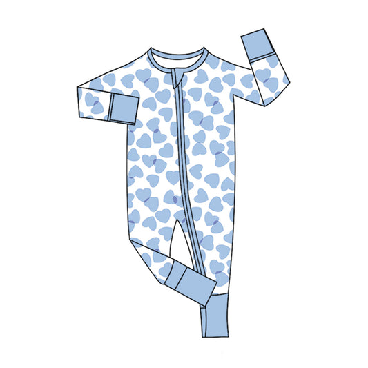 Preorder moq 5 Baby Boys Long Sleeve Blue Hearts Valentines Two Way Zip Convertible Rompers