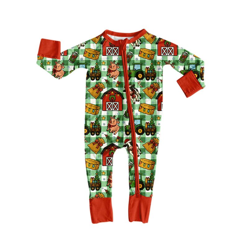 Preorder moq 5 Baby Boys Deer Pigs Candy Cane Trucks Christmas Two Way Zip Convertible Rompers