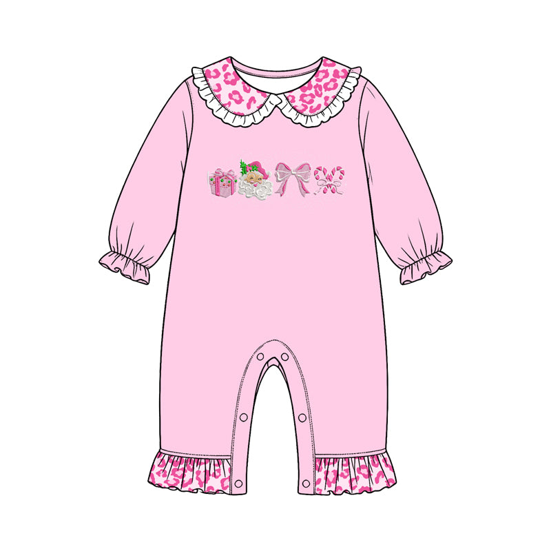 Preorder moq 5 Baby Girls Leopard Santa Candy Cane Christmas Collar Ruffle Pant Rompers