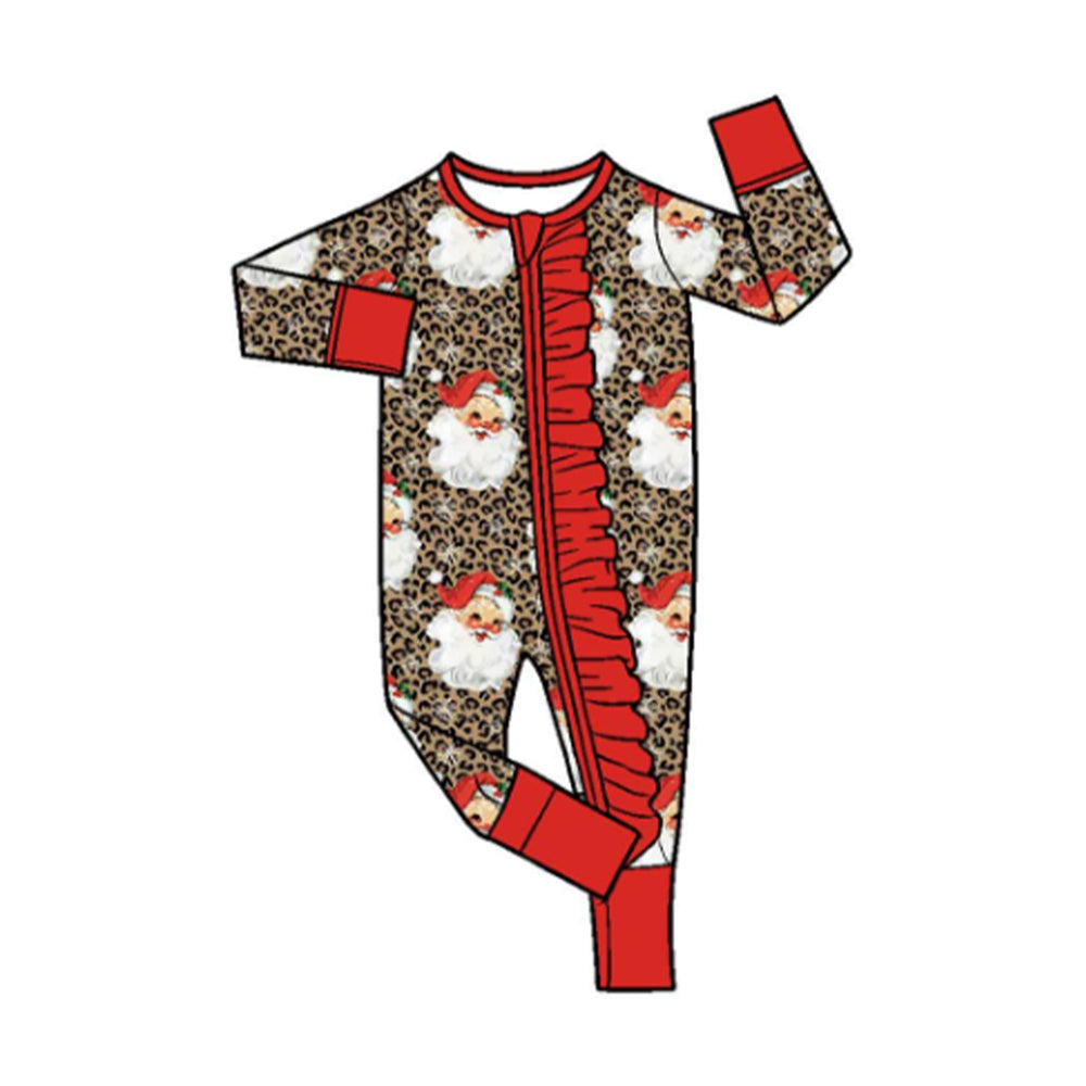 Preorder moq 5 Baby Girls Leopard Santa Christmas Two Way Ruffle Zip Convertible Rompers