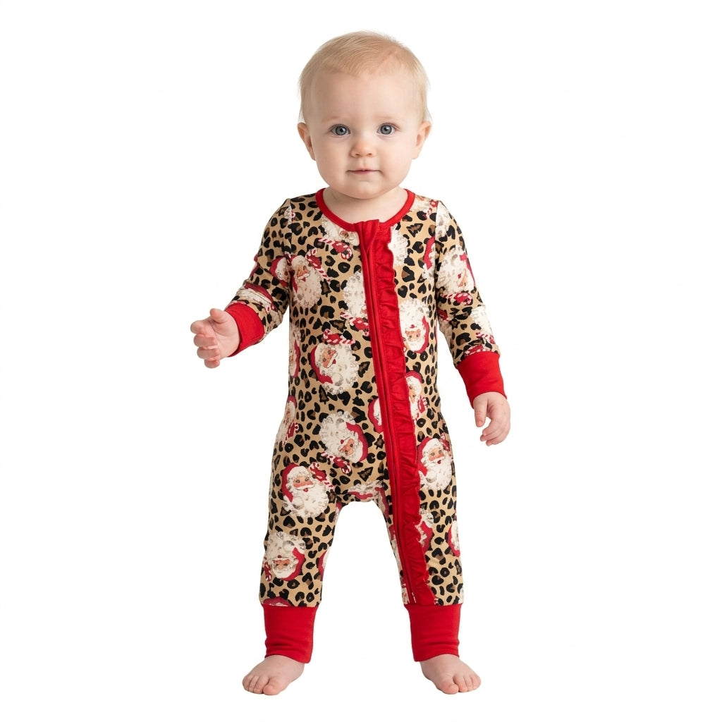 Baby Girls Leopard Santa Christmas Two Way Ruffle Zip Convertible Rompers