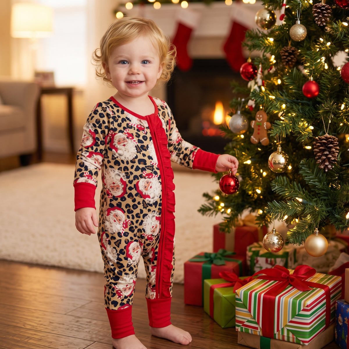 Baby Girls Leopard Santa Christmas Two Way Ruffle Zip Convertible Rompers