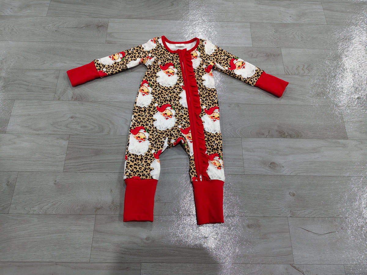 Baby Girls Leopard Santa Christmas Two Way Ruffle Zip Convertible Rompers Preorder