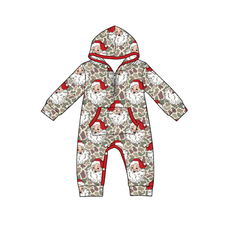 Preorder moq 5 Baby Boys Khaki Camo Santa Zip Pocket Christmas Hoodie Pant Rompers