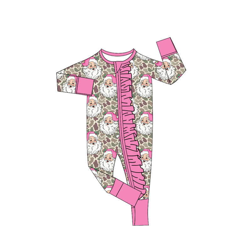 Preorder moq 5 Baby Girls Khaki Camo Santa Christmas Two Way Ruffle Zip Convertible Rompers