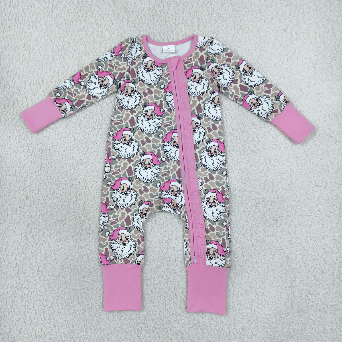 Baby Girls Khaki Camo Santa Christmas Two Way Ruffle Zip Convertible Rompers