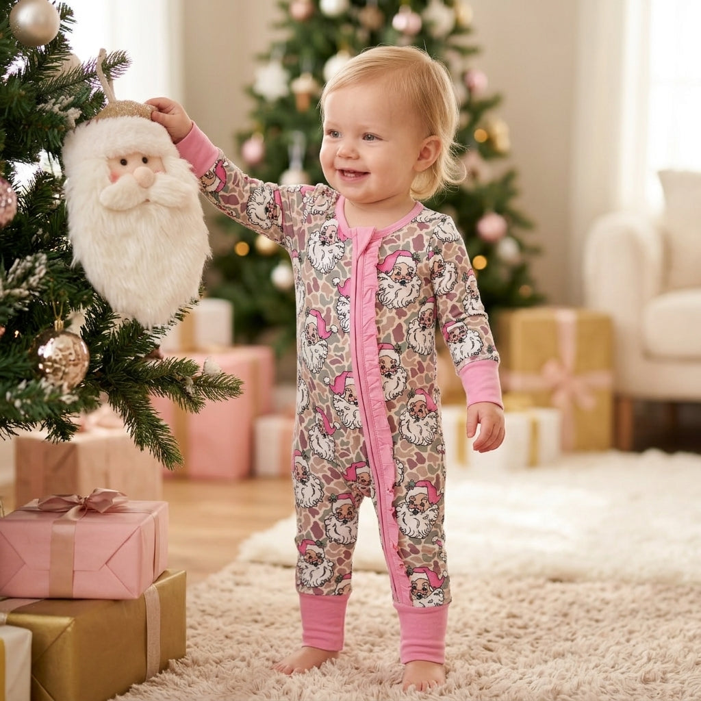 Baby Girls Khaki Camo Santa Christmas Two Way Ruffle Zip Convertible Rompers