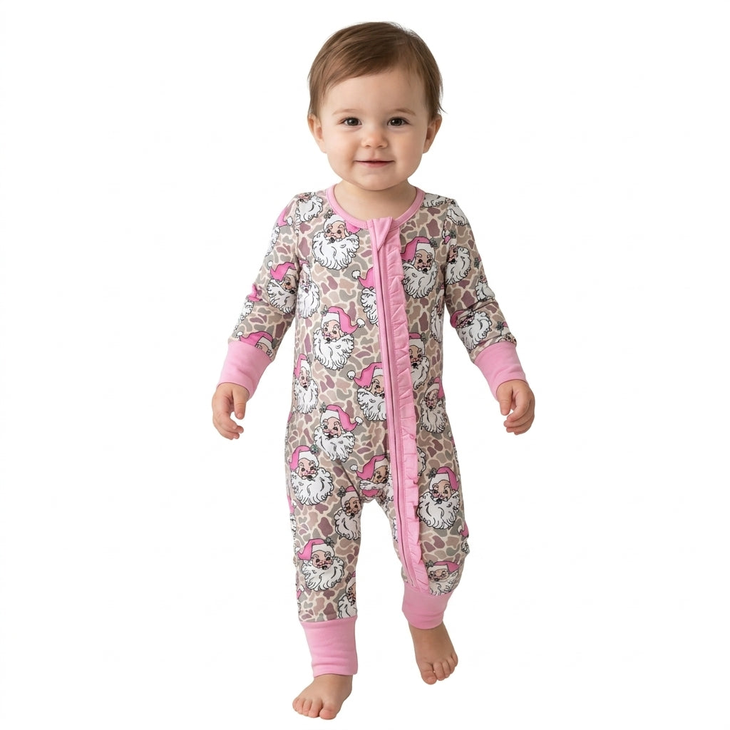Baby Girls Khaki Camo Santa Christmas Two Way Ruffle Zip Convertible Rompers