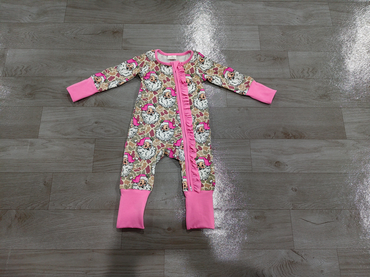 Baby Girls Khaki Camo Santa Christmas Two Way Ruffle Zip Convertible Rompers Preorder