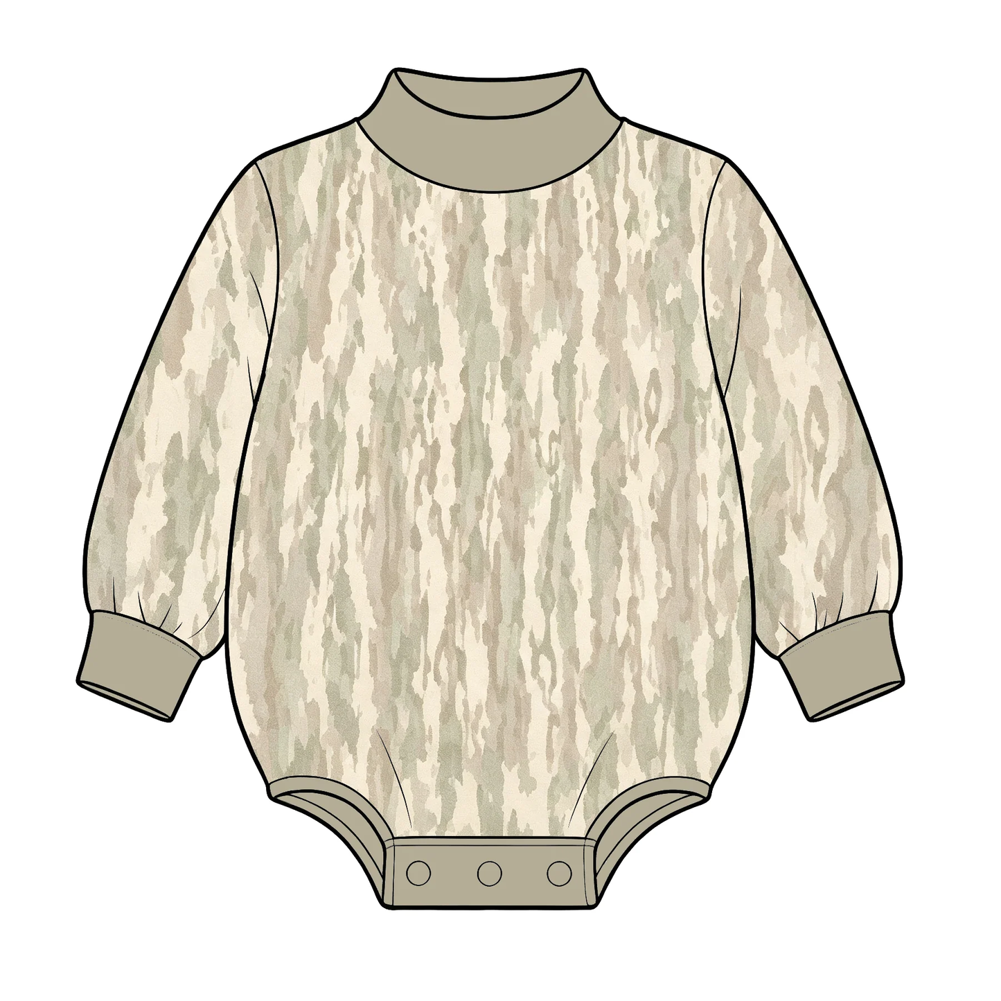 Preorder moq 5 Baby Boys Long Sleeve Southern Khaki Wood Camo Rompers
