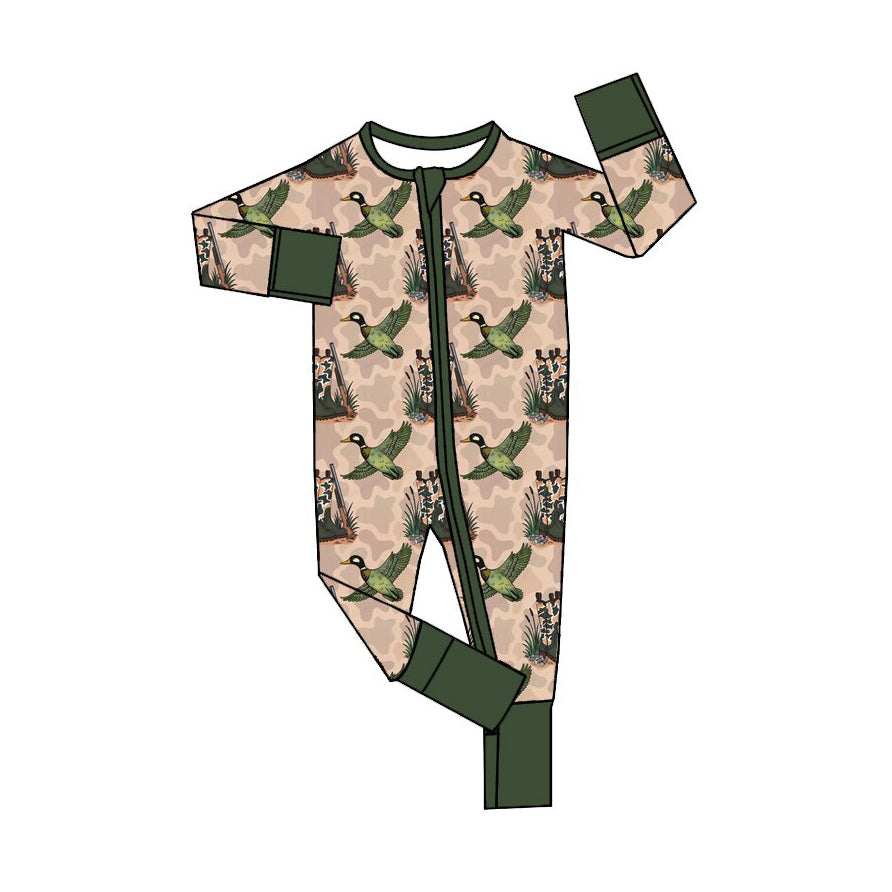 Preorder moq 5 Baby Boys Ducks Boots Camo Hunting Two Way Zip Convertible Rompers